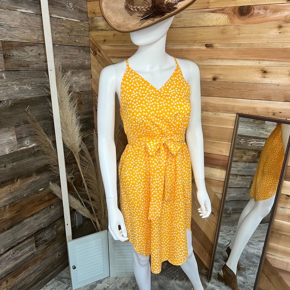 Polka Dot Print Spaghetti Straps Mini Dress in mustard!